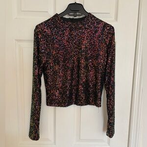 Mango Black Long-Sleeve Sequin Crop Top with Multicolor Sparkle